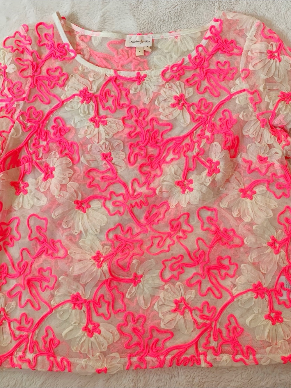 Meadow Rue Neon Pink Embroidered Sheer Floral Top